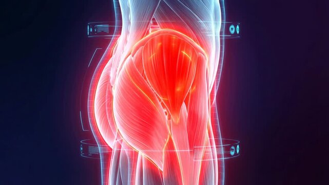 A professional 3D medical illustration of the human hip and pelvis from a lateral view, highlighting the gluteus minimus muscle in glowing red with futuristic digital biometric data overlays.
