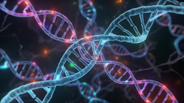 educational 3D animation combining synaptic neurotransmitter interaction and a smooth dolly shot of ultra detailed DNA representing biological complexity
