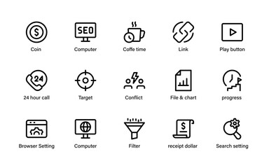 Business growth and online marketing icon pack. SEO, analytics, email, shopping, promotion, communication, target, and finance symbols.