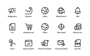 Online marketing and commerce icon set. SEO, target, analytics, promotion, email, shopping, business strategy, and communication symbols.