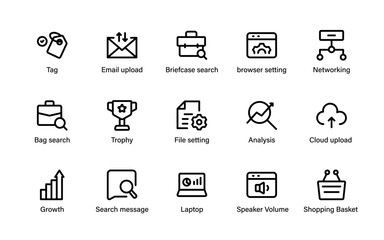 Business communication and marketing icons collection. Security, analytics, email, shopping, discount, messaging, strategy, and online growth symbols.