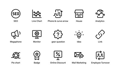 Ecommerce and digital promotion icons collection. Analytics, email, shopping, SEO, messaging, target, strategy, and growth concepts.