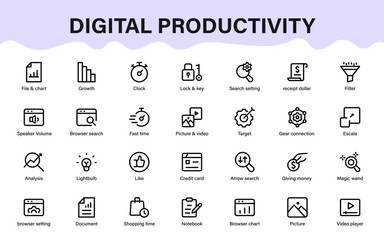 Digital productivity and finance icon set. Modern browser, document, shopping, media, and growth concepts collection.