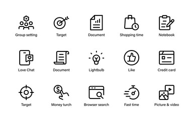 Digital marketing and business icons set. SEO, analytics, shopping, email, target, promotion, communication, and growth collection.