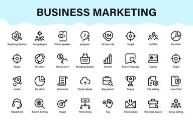 Business communication and marketing icons featuring search, targets, messaging, analytics, cloud uploads, growth, support, and services