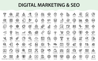 Digital marketing SEO icons set. Analytics, ecommerce, promotion, search, communication, growth, finance and business strategy collection