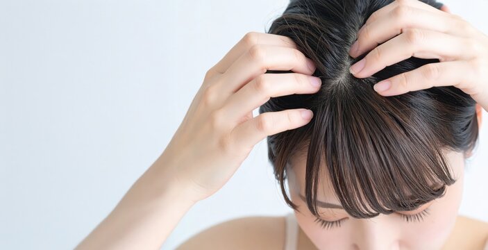 頭皮をチェックする女性の手元