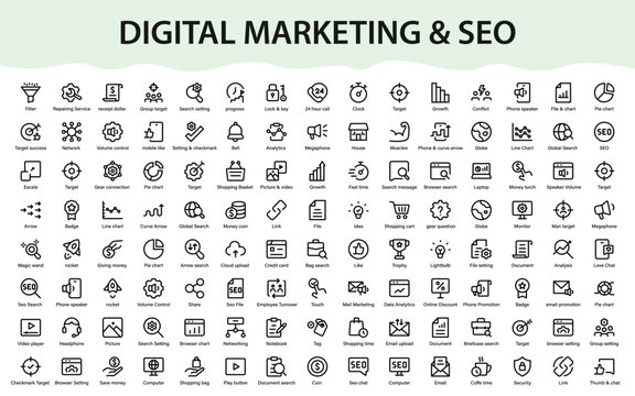 Digital marketing SEO icons set. Analytics, ecommerce, promotion, search, communication, growth, finance and business strategy collection