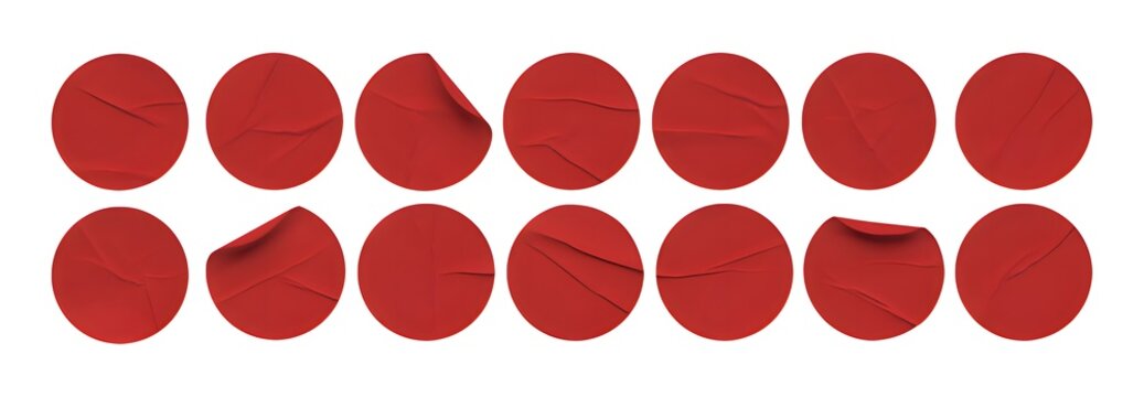 Set of red wax seals or stickers with slight imperfections and varied orientation on white background