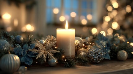 Glowing candle centerpiece with frosted ornaments
