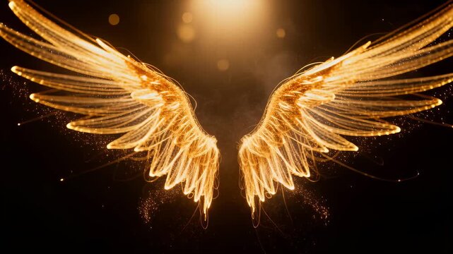 Golden angel wings glow with warm light and floating particles against a dark backdrop with soft bokeh and smoke, leaving ample empty space for text and design elements with subtle golden dust accents