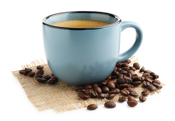 Aromatic coffee in cup and beans on white background
