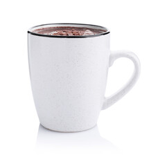 Hot cocoa with chocolate shavings in cup isolated on white