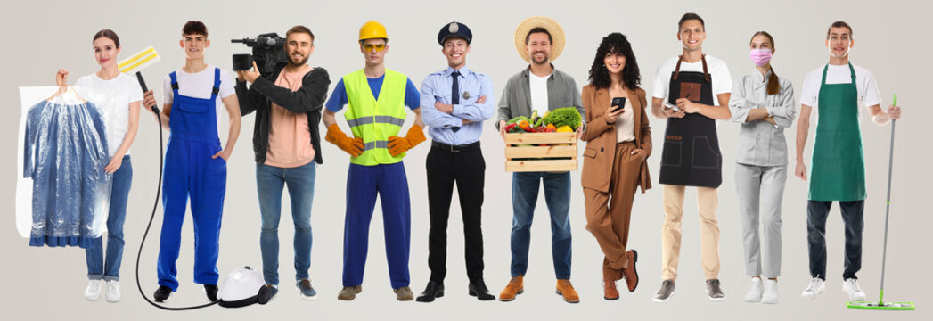 Choosing profession. People of different occupations on grey gradient background