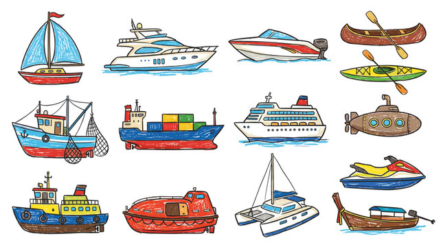 A diverse collection of hand-drawn illustrations depicting various types of watercraft and vessels.