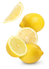 Obraz premium Fresh lemons falling on white background. Citrus fruit