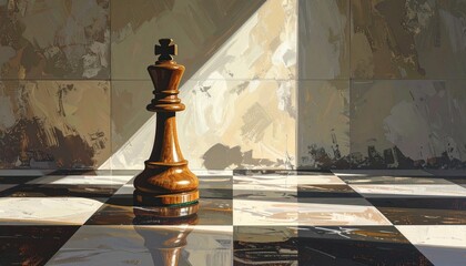 Chess King on a Checkered Board with Dramatic Lighting and Shadow Play.
