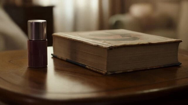 A professional lifestyle mockup featuring a brown cosmetic bottle with a silver cap and a vintage book on a wooden bedside table in a cozy, blurred bedroom setting.
