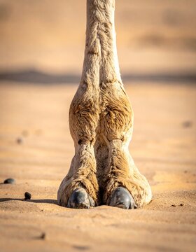 Close-up of a camels foot on sandy ground, showcasing texture and detail.