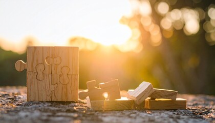 Assembled and Scattered Wooden Puzzle Pieces on Stone at Sunset, Symbolizing Problem-Solving and Business Strategy