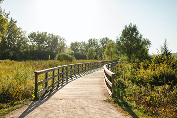 Wooden boardwalk path curving through prairie landscape at Mallard Lake Forest Preserve in Hanover Park, Illinois