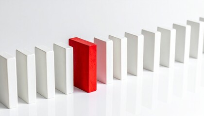 Red block standing out from a line of white blocks, highlighting individuality, uniqueness, or a crucial choice.