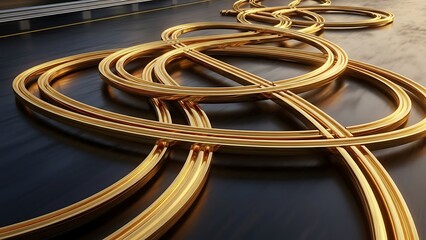 Abstract golden ribbons looping on a dark background concept 3 d illustration