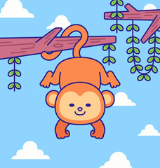 Adorable cartoon monkey hanging upside down from a tree branch with leaves and blue sky background. playful jungle animal illustration perfect for kids designs, education, nature themes