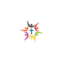 A colorful graphic depicting diverse people united around a central Christian cross, symbolizing community, faith, and spiritual gathering.