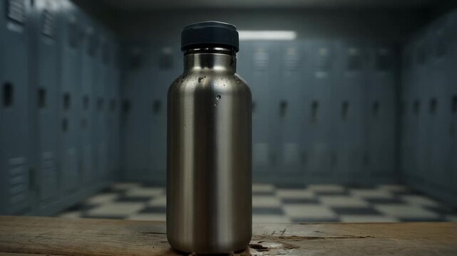 A professional mockup of a brushed stainless steel water bottle resting on a wooden bench in a dimly lit gym locker room with rows of gray metal lockers in the background.
