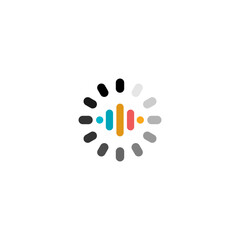 A minimalist loading icon featuring a central sound wave graphic surrounded by a circular progress indicator made of dots, symbolizing data processing or audio activity.