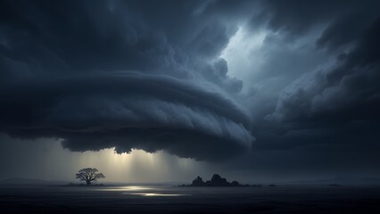 Dramatic stormy landscape with tree under dark clouds