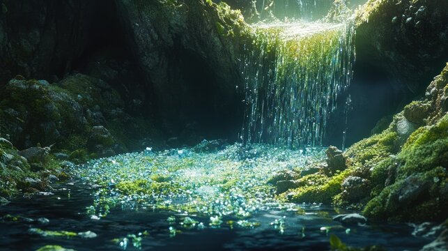 Moss around a waterfall that shimmers with embedded micro-crystals, like a geode