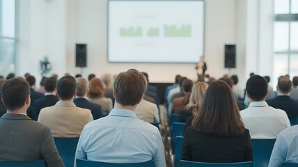 Rear view of Audience listening Speakers on the stage in the conference hall or seminar meeting, business and education about investment concept.