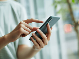 スマホを操作する女性の手元　A close-up of a woman's hands operating a smartphone　Generative AI