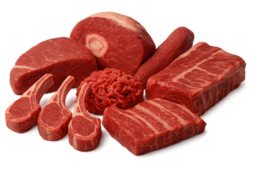 Various cuts of fresh raw meat including beef steaks, short ribs, lamb chops, and ground meat isolated on a transparent background