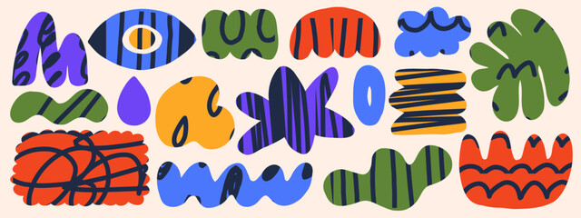 Abstract geometric pattern with cartoon-inspired vector shapes. Funky cutout shapes set. Perfect for bright design compositions and playful graphics
