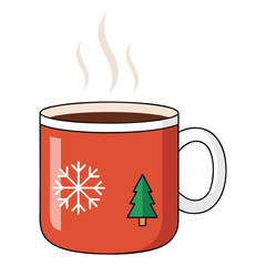 Warm holiday beverage in a festive red mug with snowflake and tree