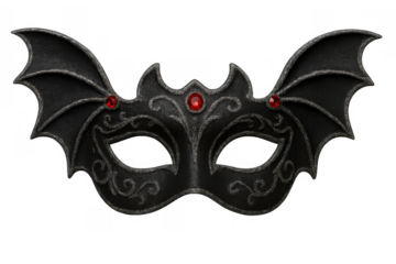 Black masquerade mask with bat wings and red gems, symbolizing gothic mystery, halloween, and costume parties