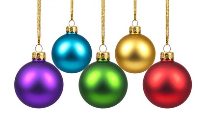 Five colorful holiday ornaments hanging, on gold strings, against a white background