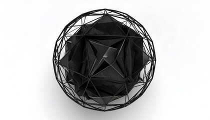 Geometric black form encased in a metallic sphere on white background, top view