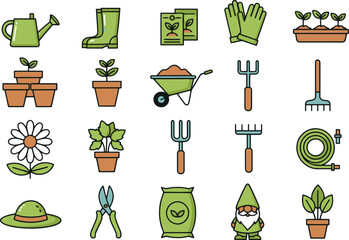 A collection of garden tools and plants, showcasing a variety of items used in gardening activities