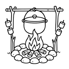 Fototapeta premium Campfire Culinary Adventure: A captivating illustration of a campfire scene, featuring a cooking pot, inviting flames, and roasted marshmallows.