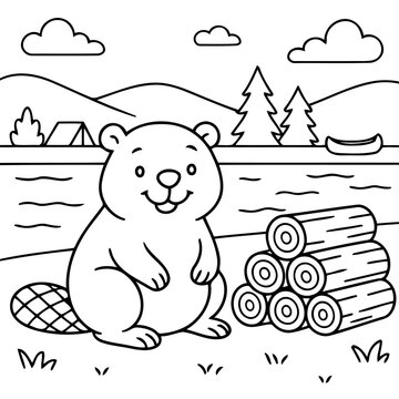 Friendly Beaver at Lakeside: A charming illustration depicts a beaver smiling amiably beside a neat stack of logs with the calm lakeside scene