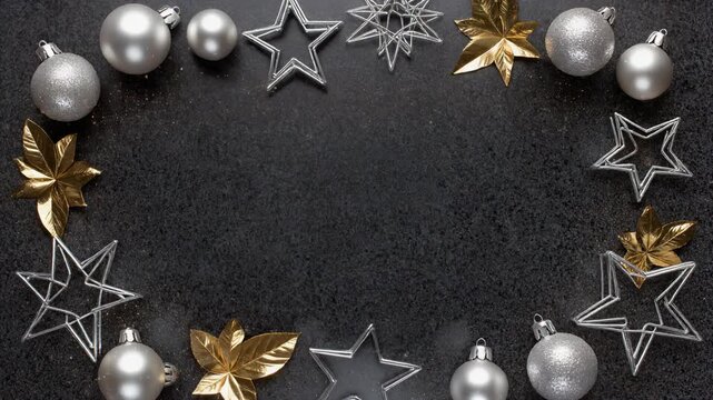 Christmas decorations on black background with silver ornaments, gold leaves, and stars arranged in a circular pattern