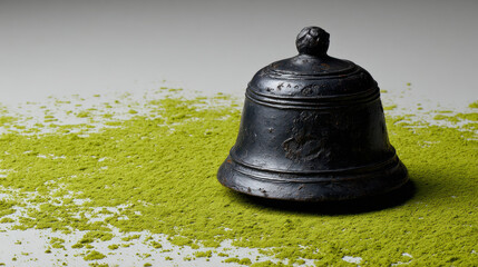 Rustic bell rests off beaten path surrounded by vibrant green matcha powder, creating serene and artistic atmosphere