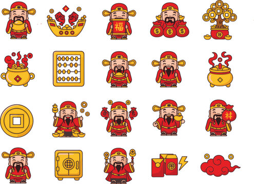 Various cartoon depictions of the Chinese God of Wealth, or Cai Shen, showcasing auspicious symbols associated with wealth and prosperity. These include golden ingots, coins, money bags.