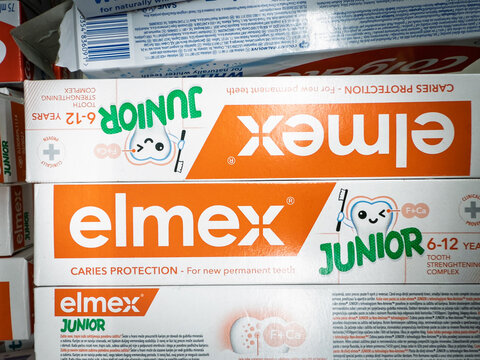 BELGRADE, SERBIA - OCTOBER 18, 2025: Elmex Junior toothpaste boxes on a store shelf in Belgrade, it's a toothpaste for kids from elmex, a swiss toothpaste producer owned by colgate palmolive.