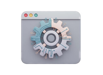 Conceptual 3D Icon Representing Settings Configuration and Technology with Gear and Circuitry Elements on a Soft Gray Window Interface