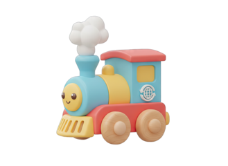 Cute Blue Yellow And Red Toy Train With White Steam Coming From Chimney Isolated On Black Background 3D Render